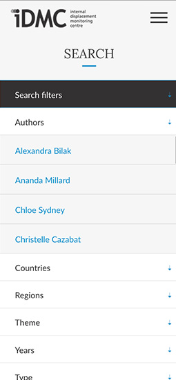 Screenshot of the IDMC website mobile search page